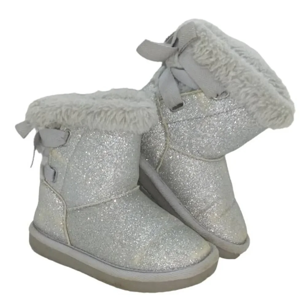 Jumping Beans Toddler Girls Glitter Silver Faux Fur Winter Boots - Size 8